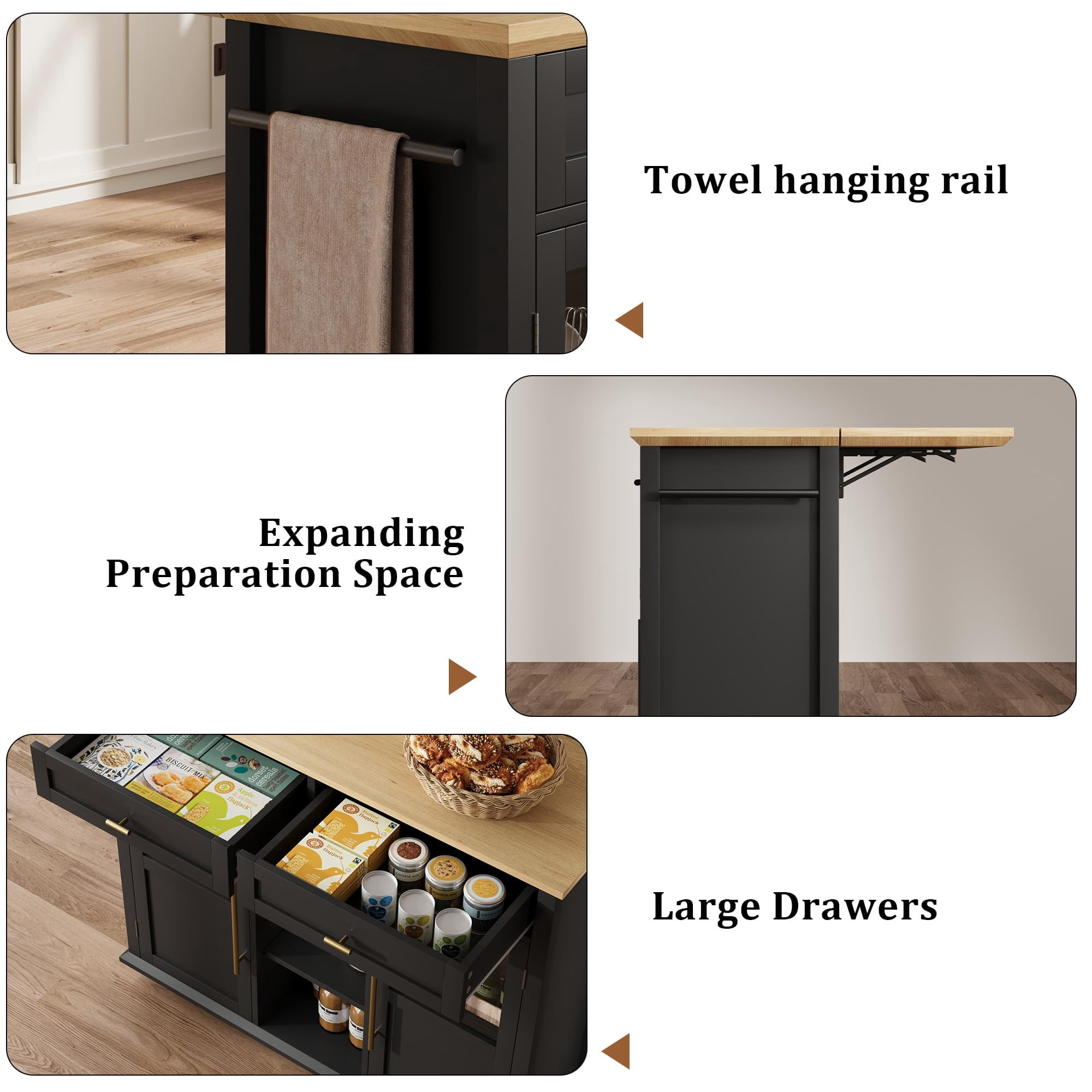 Kselythan Foldable Kitchen Island On Wheels,Rolling Kitchen Island Cart with 2 Glass Doors,Spice Rack & Towel Holder,Kitchen Island Table with Storage Cabinet,Compact Mobile Storage Cart for Kitchen