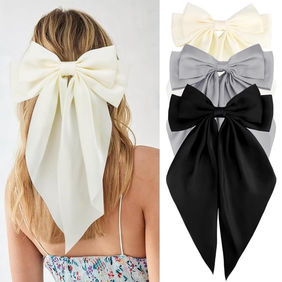RUseeN 3PCS Silky Satin Big Hair Bows Hair Clip White Black Grey Hair Ribbon Ponytail Holder Accessories Slides Metal Clips Hair Bow for Women Girls Teens