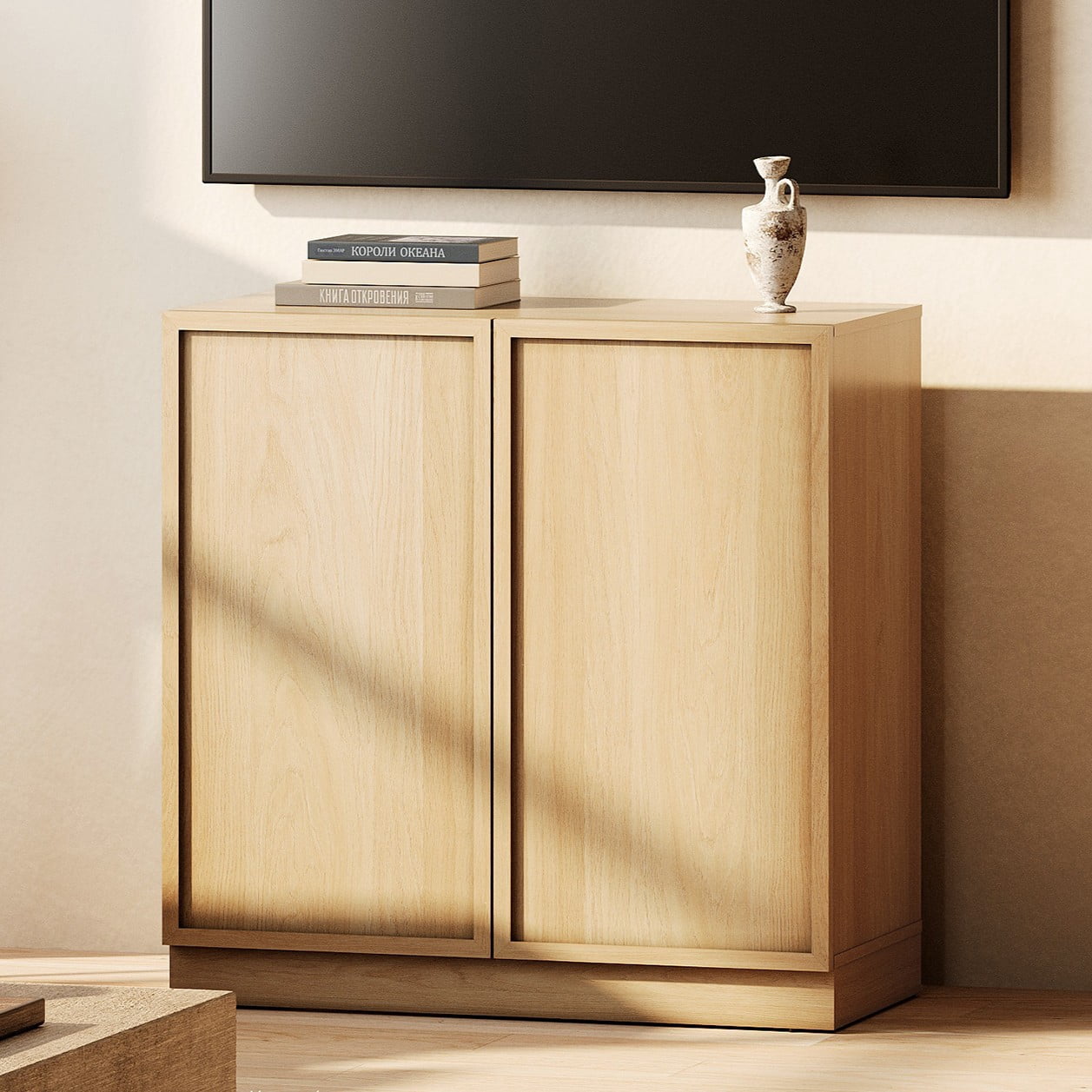 WAMPAT Modern TV Stand for TVs Up to 40", Wooden Entertainment Center TV Console with 2 Doors and Adjustable Shelf, Media Console Cabinet for Living Room, Bedroom, Oak