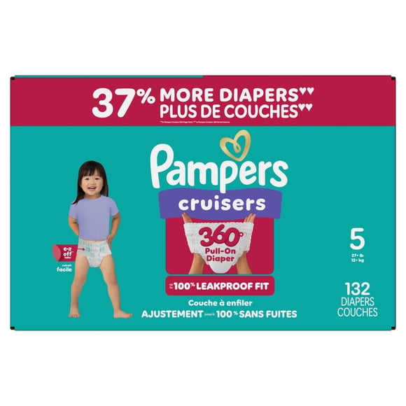 Pampers Diapers - Cruisers 360° - Size 5, up to 100% Leakproof Fit, Designed for Active Babies, Pull On Diaper, EZ Off Tabs Designed for Easy Changes