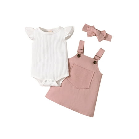 

Canrulo Summer Toddler Baby Girls Outfits Fly Sleeve Ribbed Knitted Romper+Suspender Skirts+Headband Set Pink 3-6 Months