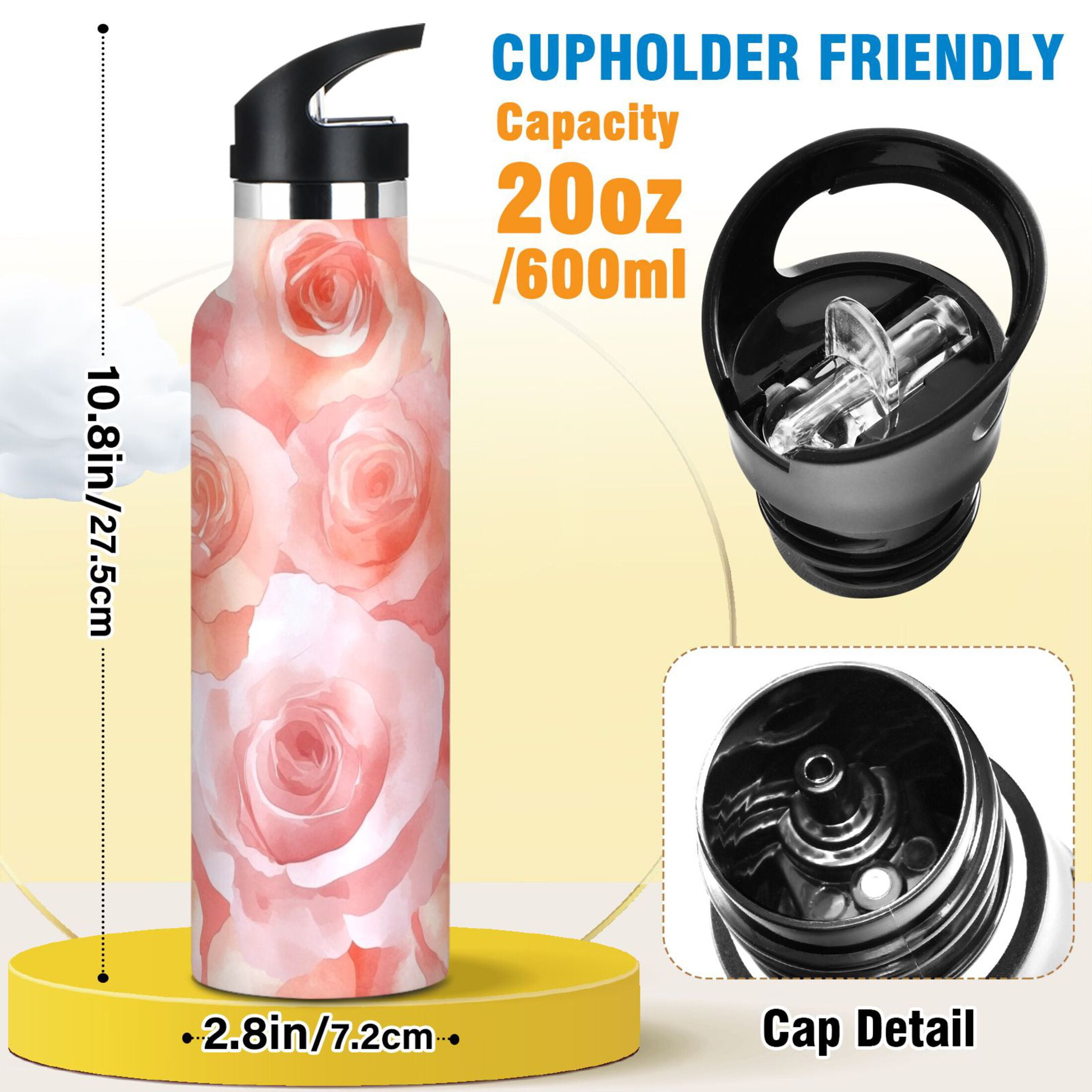 600ML Stainless Steel Insulated Cup Sports Water Bottle Portable Thermos Cup Water Glasses Insulated Tumblers Convenient and Durable Pink Roses