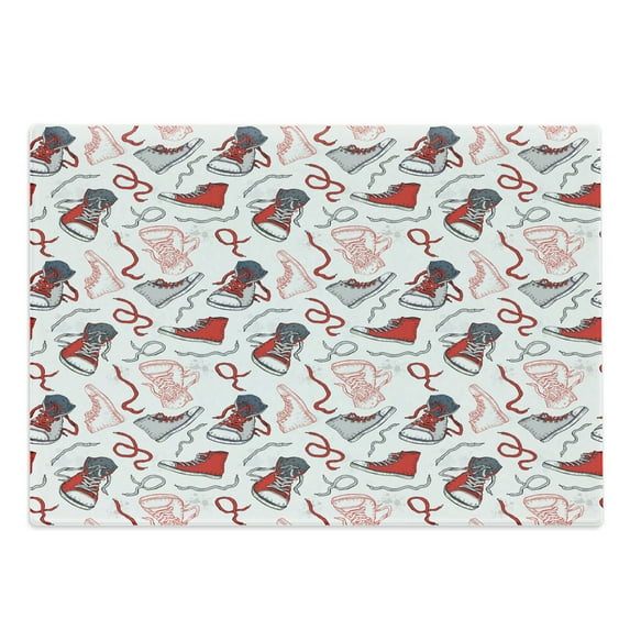 Modern Cutting Board, Sport Shoes Sneakers Hobby Casual Fashion Teenage Retro Illustration, Decorative Tempered Glass Cutting and Serving Board, Large Size, Vermilion White Grey, by Ambesonne