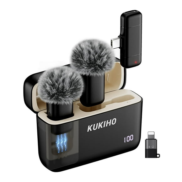 KUKIHO Wireless Lavalier Microphone with Charging Case, 36H Battery Life, Noise Cancellation, 135ft Range, Plug-and-Play Clip-On Mic for iPhone, iPad
