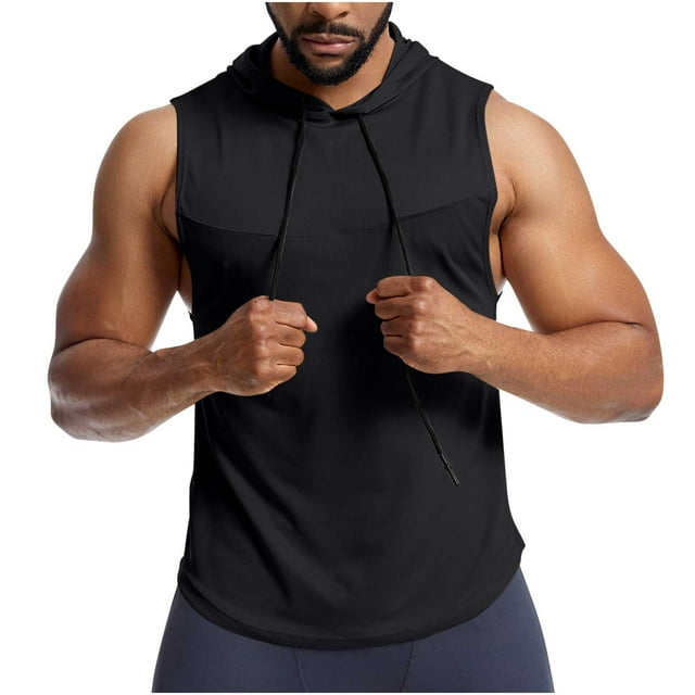 Plebaso Men's Tank Tops with Hood Drawstring Gym Workout Hoodies Sleeveless Sports Cut off Muscle Shirts