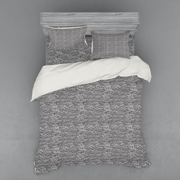 Ambesonne Abstract Bedding Set 4 Pcs, Chaotic Waves with Swirls, Queen, Charcoal Grey White