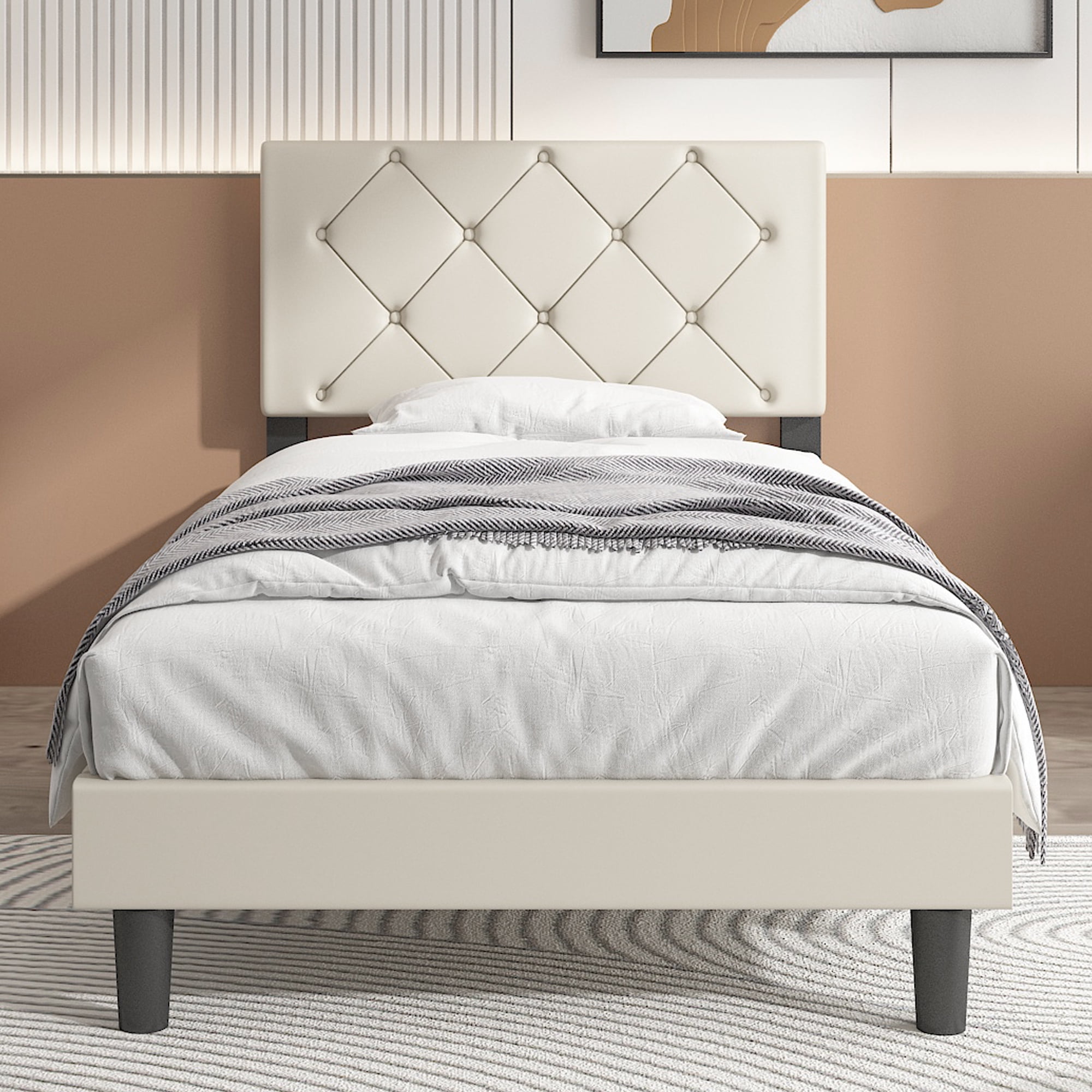 uhomepro Twin Size Creamy White Panel Bed Frame with Adjustable