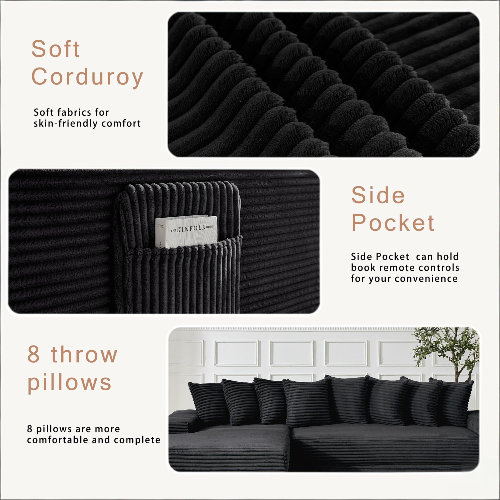 Howcool Modern L-Shaped Sectional Sleeper Sofa Oversized Cloud Couch 3-in-1 Convertible Floor Bed Corduroy with 8 Pillows
