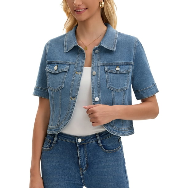 CHAQUETA DE JEAN CORTA DE MANGA CORTA PARA MUJER INSPIRADA CHIC CON BOTONES Y BOLSILLOS, CLÁSICA, TALLA M, AZUL CLARO