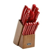 Oster Evansville 14 Piece Stainless Steel Cutlery Set with Red Plastic Handle and Black Rubber Wood Block