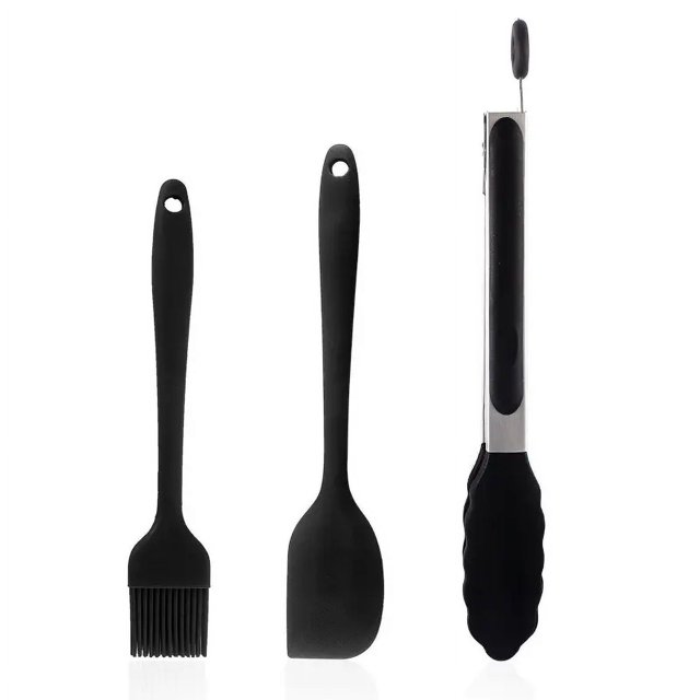 Juego de 3 pinzas de cocina de silicona (negro) - Pinzas de cocina para cocinar con puntas de silicona, pinzas de cocina antiadherentes sin BPA para asar a la parrilla/pinzas para alimentos/