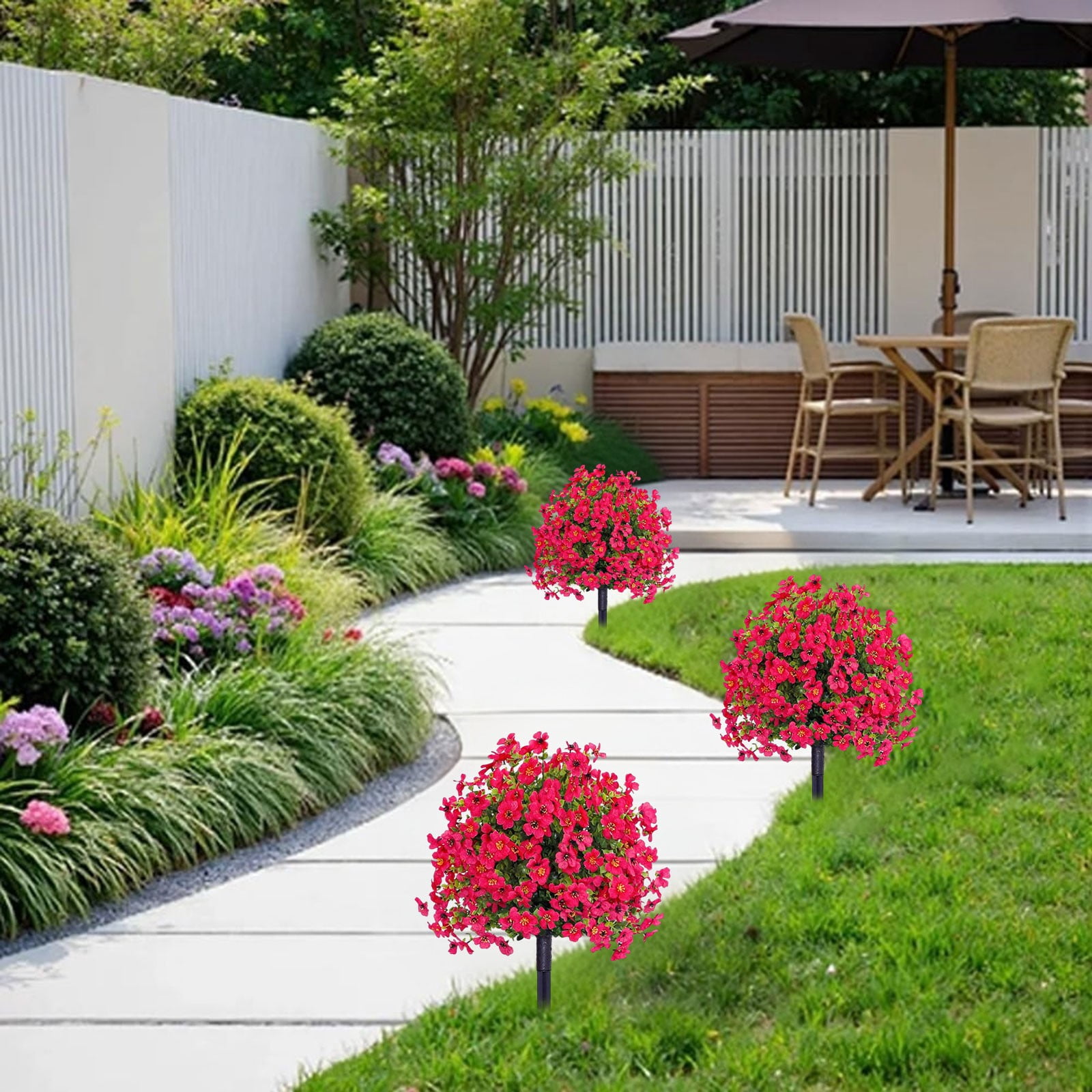Artificial Geranium Flowers with Stake, UV Resistant Fake Outdoor Bushes, Realistic Silk Faux Flowers for Front Porch Patio Garden Decor, Artificial Shrubs for Outside