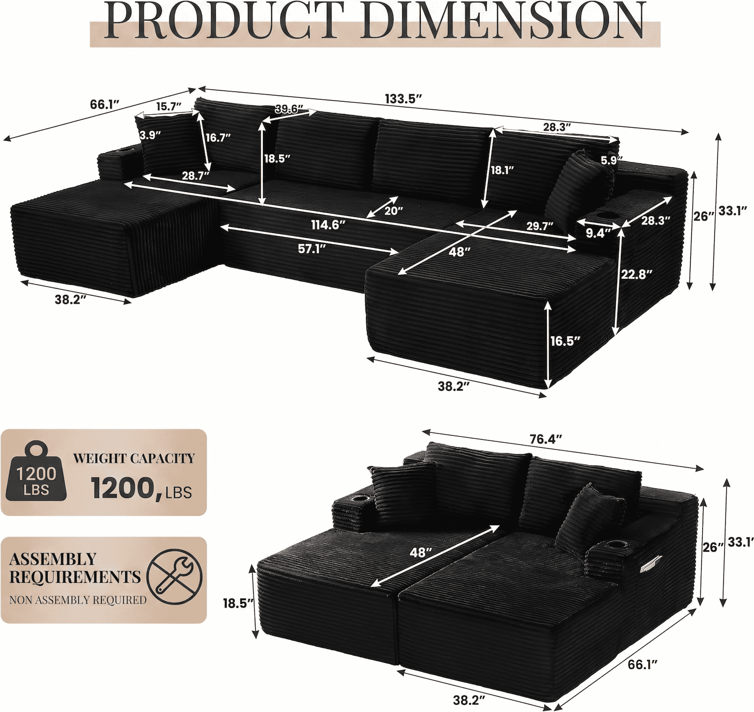 Xiweot Cloud Couch Modular Sectional Sofa for Living Room, 134" Oversized U Shaped Boneless Couch with Cup Holder & Storage Pocket, Corduroy Comfy Upholstered Deep Seat Sofa for Apartment, Black