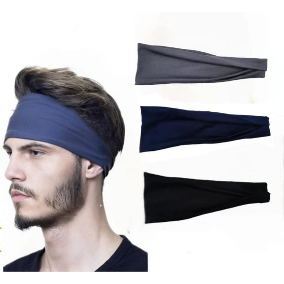 3-Pack Sports Headbands for Men Moisture Wicking Workout Headband, Sweatband Headbands for Running,Cycling,Football,Yoga,Hairband for Women and Men(Blue,Gray,Black)