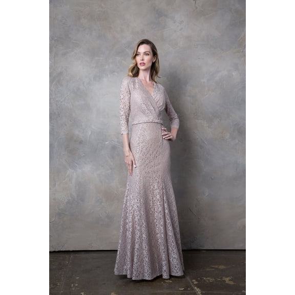 Women's Eva USA 3450 Long 3 4 Sleeve Mother Of Groom Lace Dress Cocoa 4XL