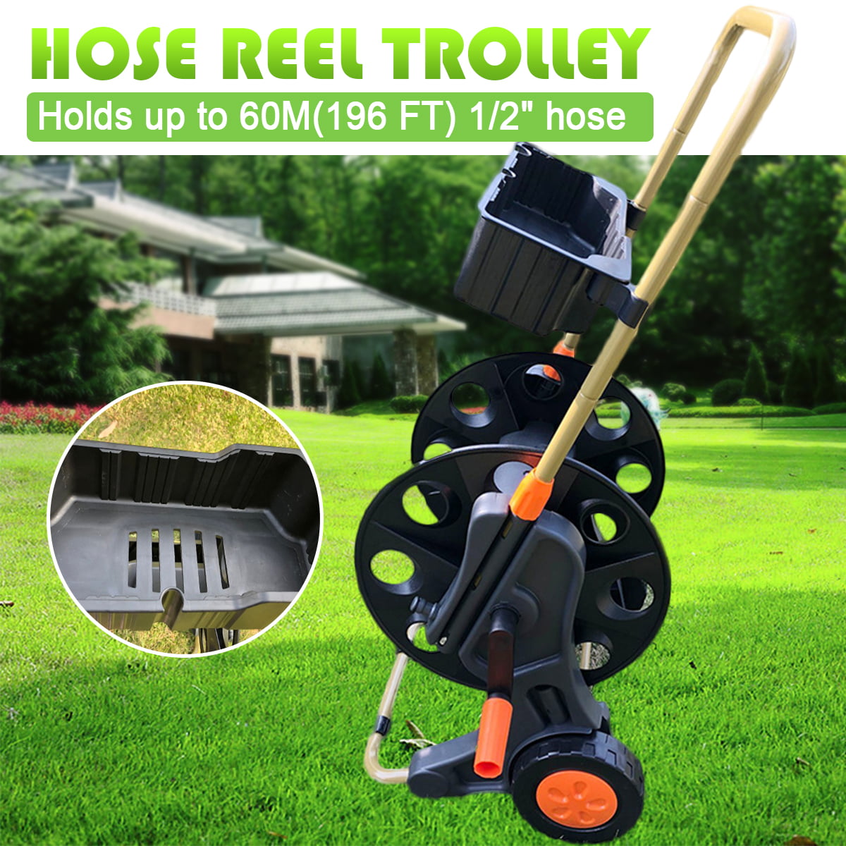 PORTABLE 60M GARDEN HOSE REEL TROLLEY WATER PIPE FREE STANDING WALL MOUNTABLE 