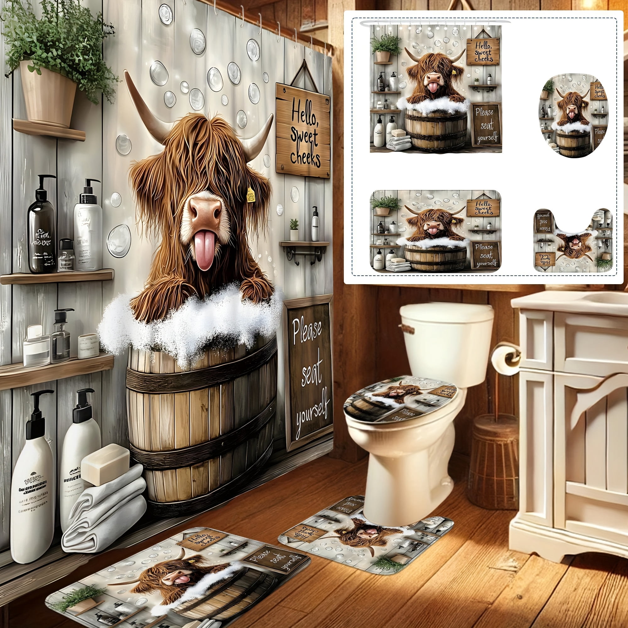 4 Piece Funny Highland Cow Shower Curtain Set - Farmhouse Woodland Bathroom Decor - Washable Fabric Curtain - Rugs and Cover