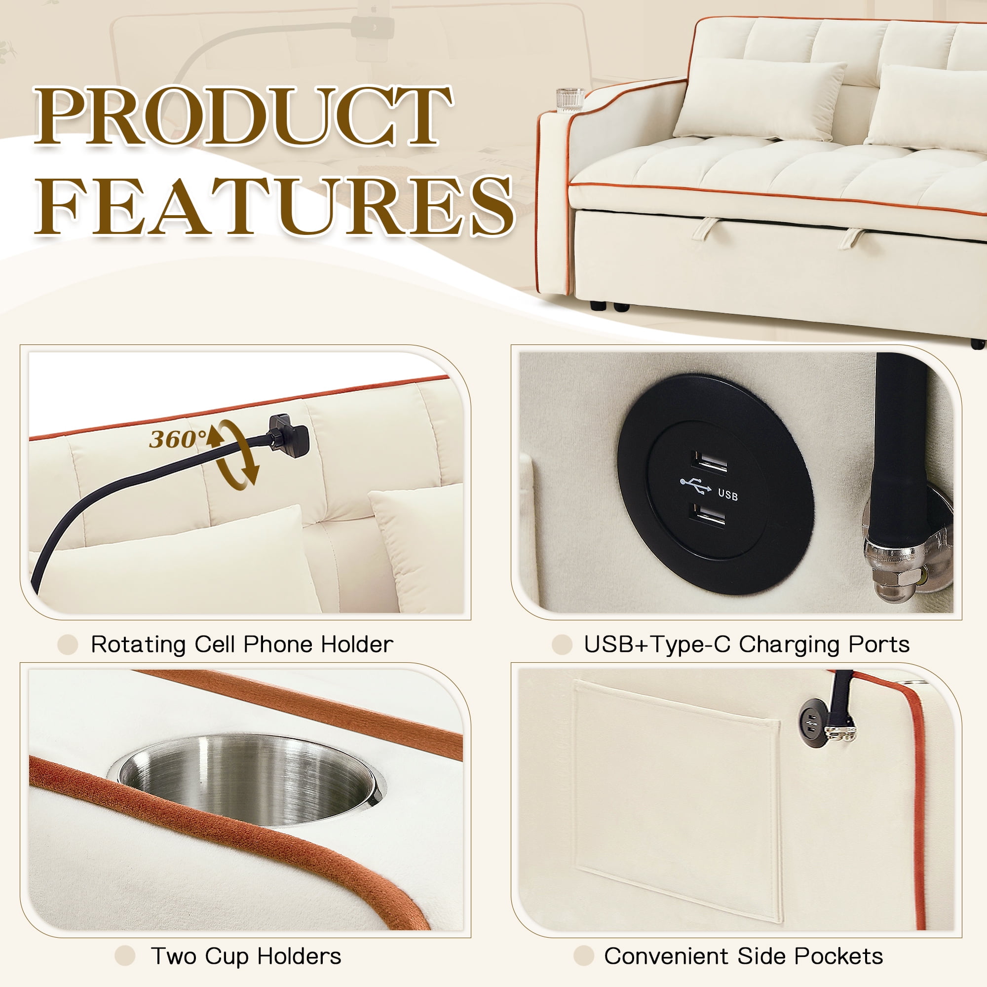 Dinosisco 3-in-1 Convertible Futon Sofa Bed, Loveseat Sleeper with Phone Stand, USB, Beige Velvet