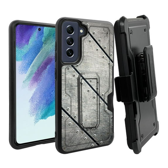 ANJ+ Rugged Dual Layer Hybrid Holster Kickstand Case w/ Card Slot + Tempered Glass Cover for Samsung Galaxy S21 FE 5G - Vintage Steel Plate Sheets