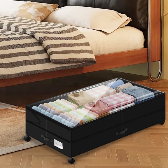 Black Under-Bed Storage Bin Rolling Organizer with Clear Lid for Clothes, Bedding, Toys & More