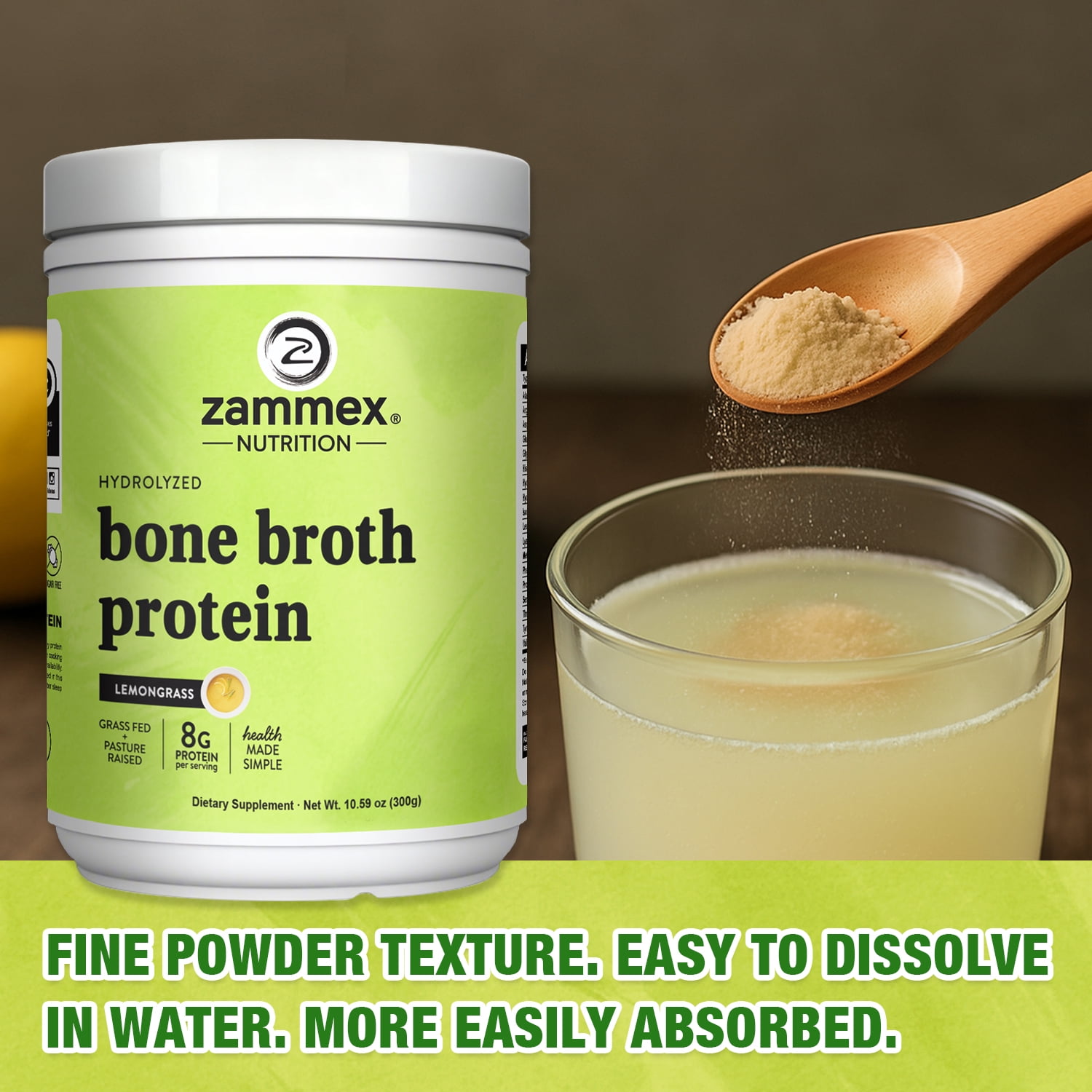 Zammex Bone Broth Protein Powder,Lemon grass Flavor 10.59 oz, Grass Fed Beef Bone Broth Protein Powder with Hydrolyzed Collagen Peptides, 30 Servings