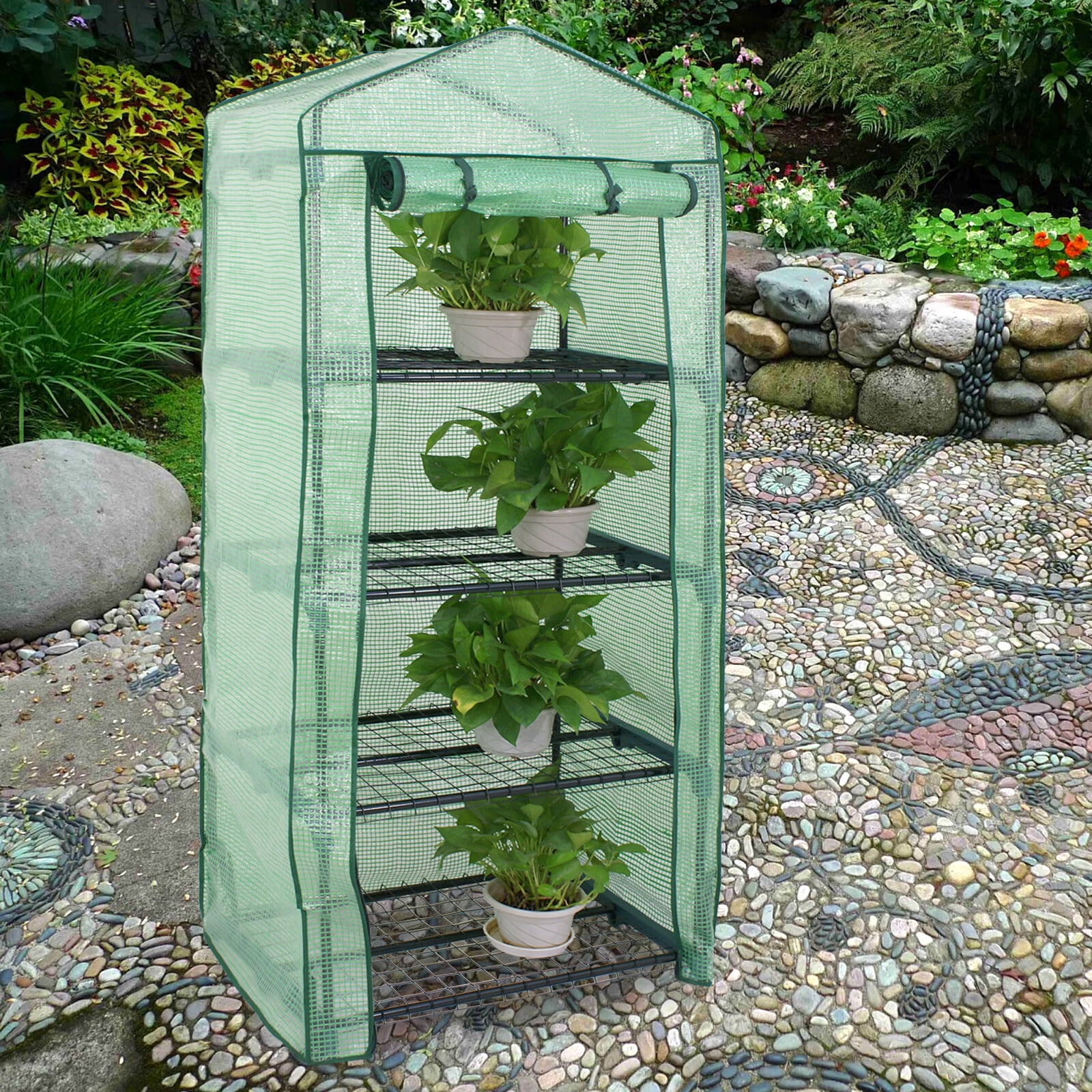 SuperDeal Mini Plant Greenhouse 27 in x 19 in Zipper Door 4 Tiers 4 Shelves