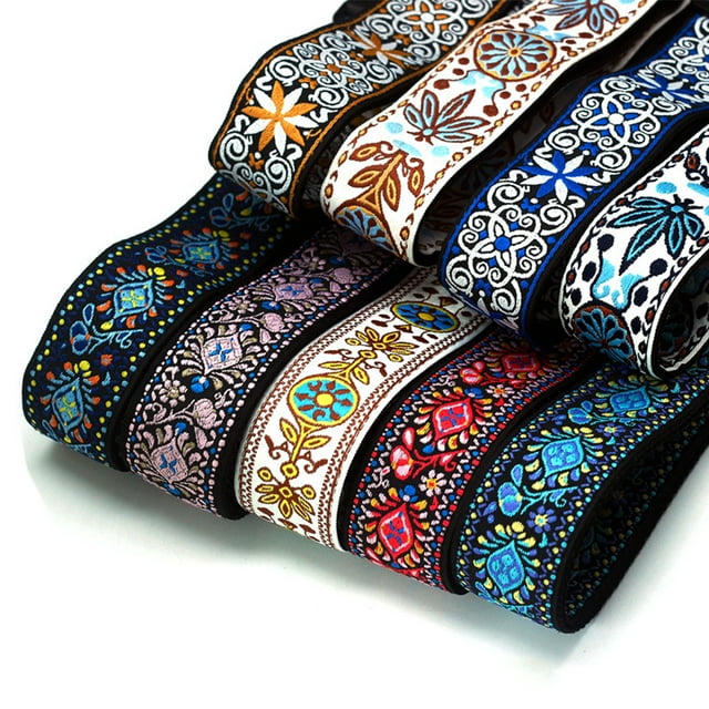 Sangle de Guitare Ceinture Brodée Bande Jacquard Réglable avec Extrémité en Cuir pour Guitare Acoustique Électrique Folk Instrument de Musique