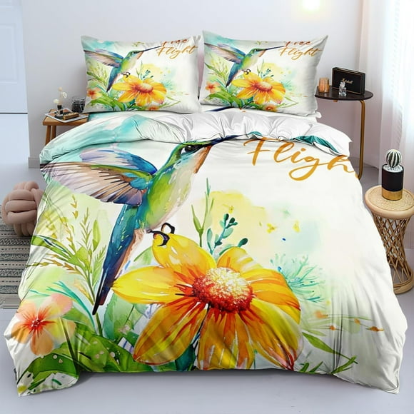 Funda Nórdica Queen Size Tropical Flores Pájaros Juego de Cama Amarillo