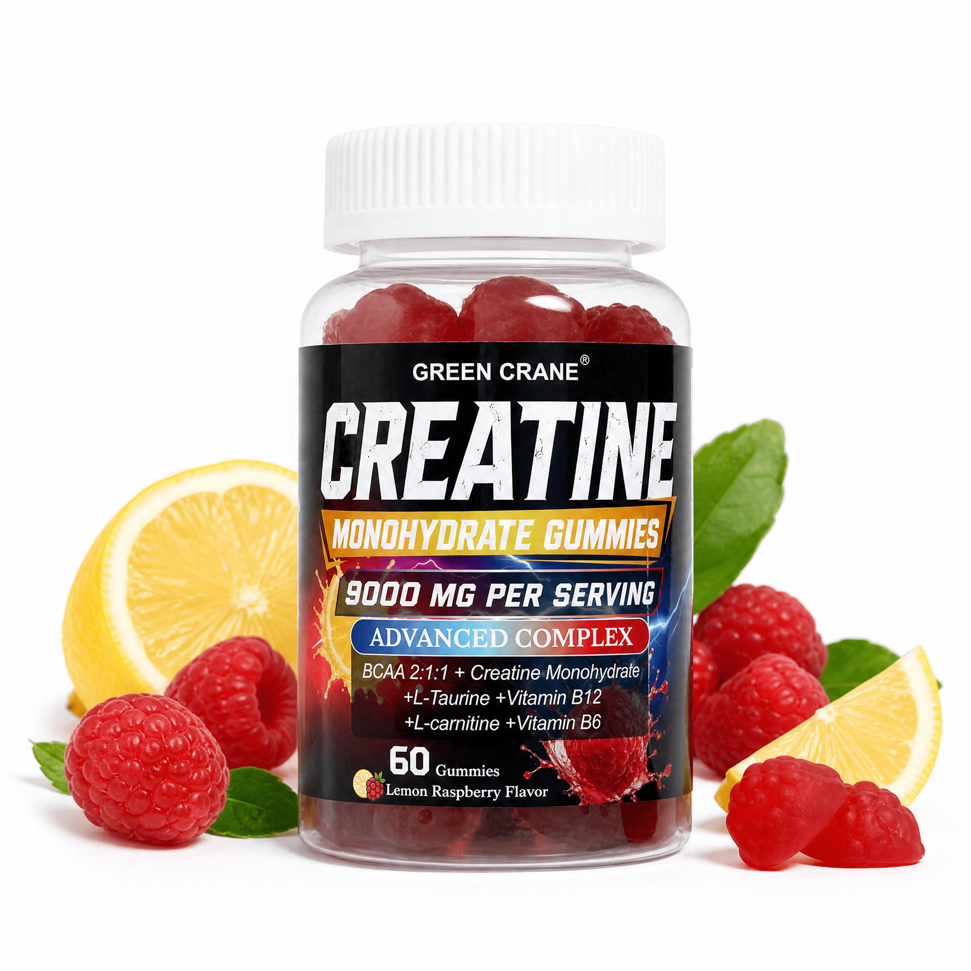 Creatine Gummies – 9000mg Pre-Workout with BCAA & Taurine for Strength & Recovery, 60 Ct