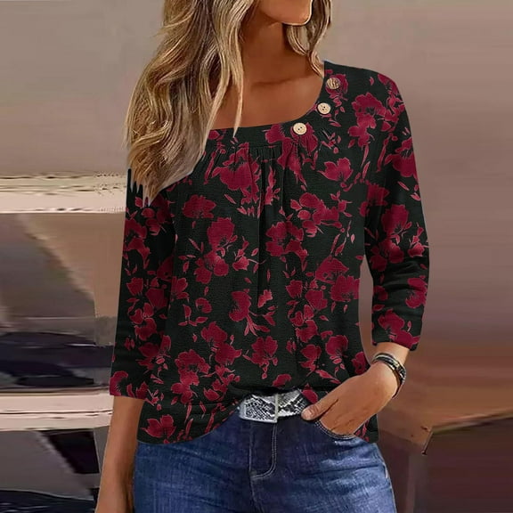 Goodtrade8 Square Neck Summer Going Out Tops for Women 3/4 Sleeve Red Button Floral Casual Womens Shirts