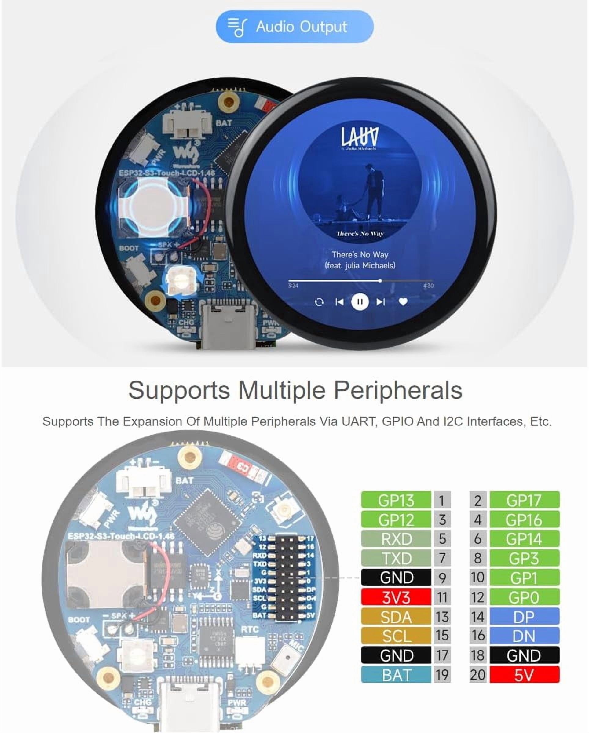 ESP32-S3 1.46inch Round Display Development Board 412×412 Resolution 16.7M Color Capacitive Touch IPS Display Panel Onboard Speaker and Microphone