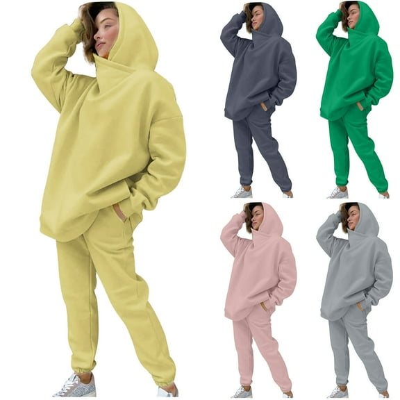 USSUMA Woman Sweat Suits 2 Piece Set Women’s Hoodies Long Sleeved Pullover Sweatpant Outfits Solid Tracksuit Stretchy Waist Casual Jogger Sets Plus Size Outdoor Fall Suit