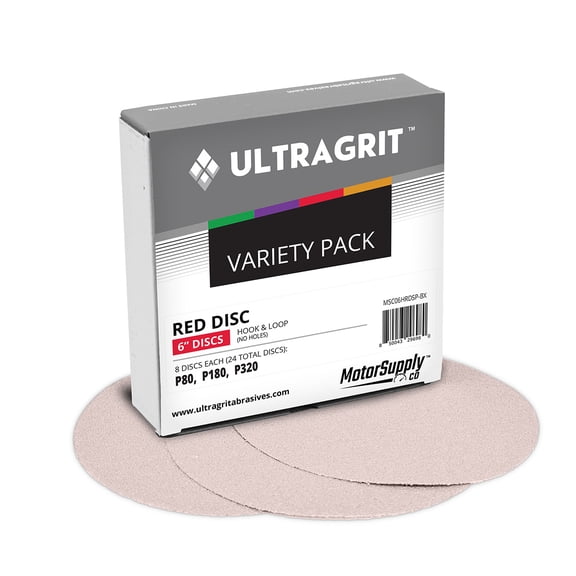 UltraGrit Red 6" Sanding Disc, Hook and Loop, P80/P180/P320 Variety Pack, No Holes - 24 Discs/Box
