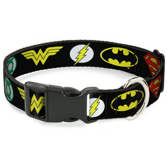 DC Comics Pet Collar, Dog Collar Plastic Buckle, Justice League 6 Superhero Logos Black, 7 to 8.5 Inches 0.5 Inch Wide