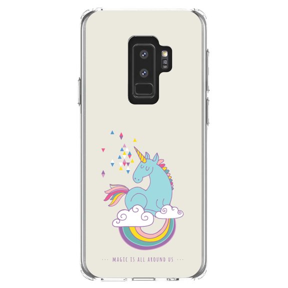 DistinctInk Clear Shockproof Hybrid Case for Samsung Galaxy S9  PLUS (6.2" Screen) - TPU Bumper, Acrylic Back, Tempered Glass Screen Protector - Unicorn Rainbow - Magic Is All Around Us