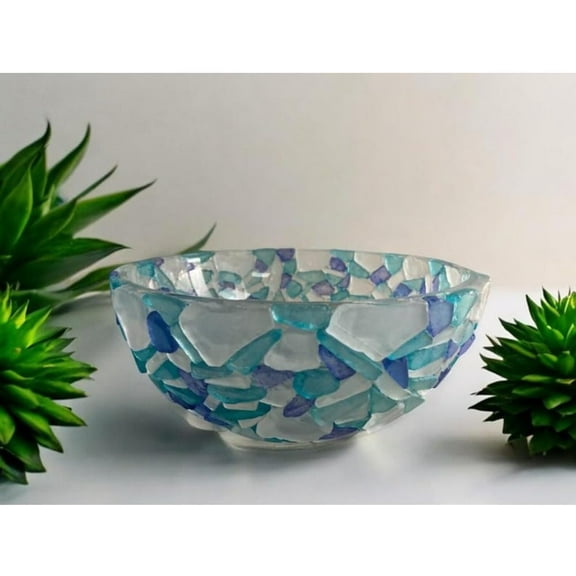 Blue Glass Resin Bowl, Beach Style Modern Centerpiece, Handmade Tableware Decor, 9 "W x 4 "H x 9 "D, Decorative Centerpiece for Livingroom Diningroom Coffee Table