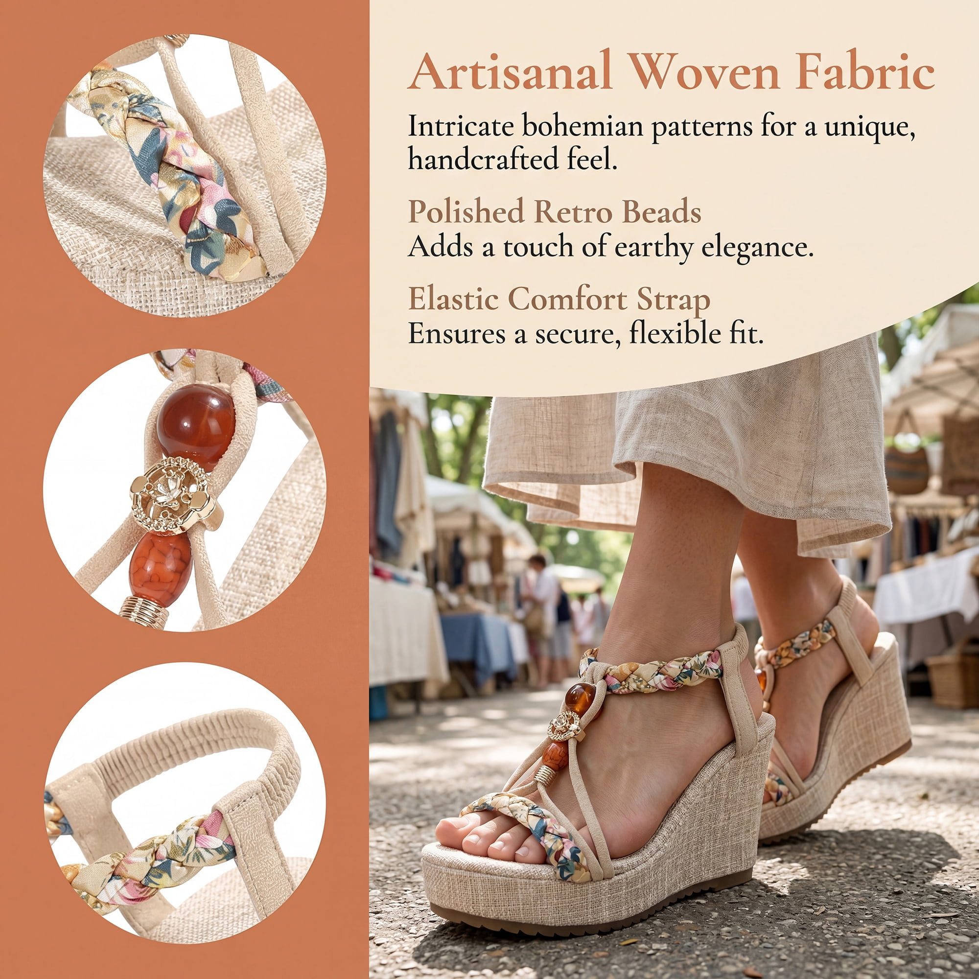 DARING DIVA Women's Stylish Bohemia Pull on Platform Wedge Heel Sandals Beige-3 8