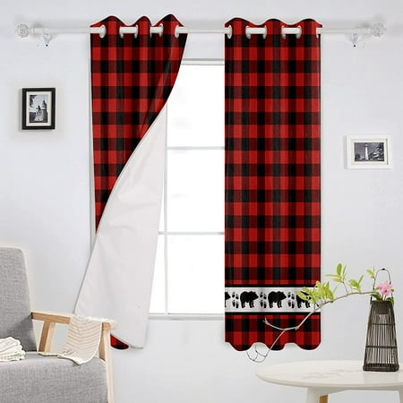 Curtains 84 Inch Length For Living Room Bedroom Blackout Darkening Forest Bear Footprints Buffalo Plaid Red And Black Window Curtain Thermal Insulated With Grommet Ds 2 Panels Canada Curtains 84 Inch Length For Living Room, Red Gingham Curtains Long Length