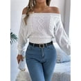 thumbnail image 6 of Womens Off the Shoulder Sweater Solid Cable Knitted Pullover Jumper Top Casual Long Sleeve Cropped Sweaters White S, 6 of 9