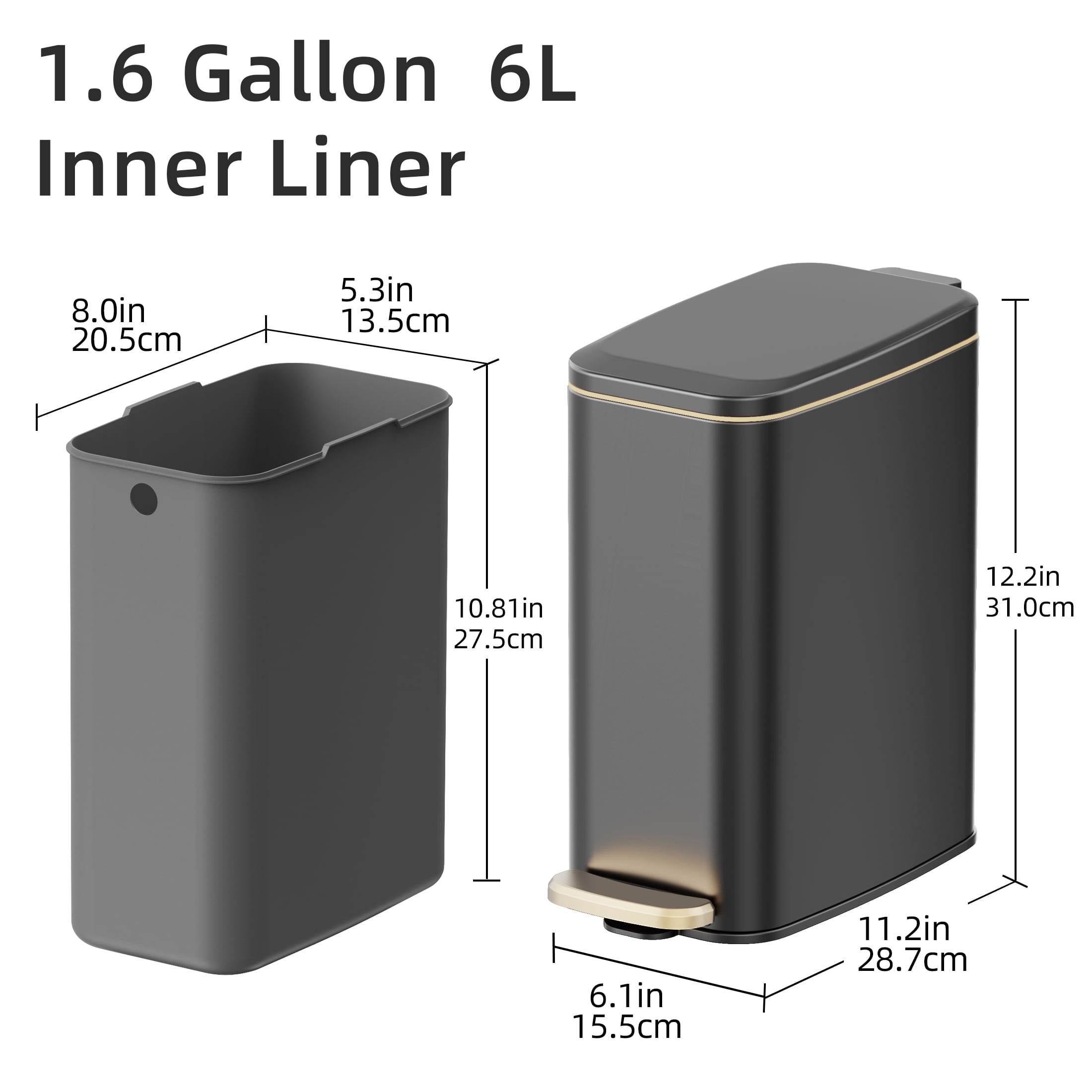 KSSKSS 1.6 Gallon/6L Small Bathroom Steel Step Trash Can, Soft-Close Lid & Fingerprint-Proof, Slim Wastebasket for Narrow Spaces (Black)