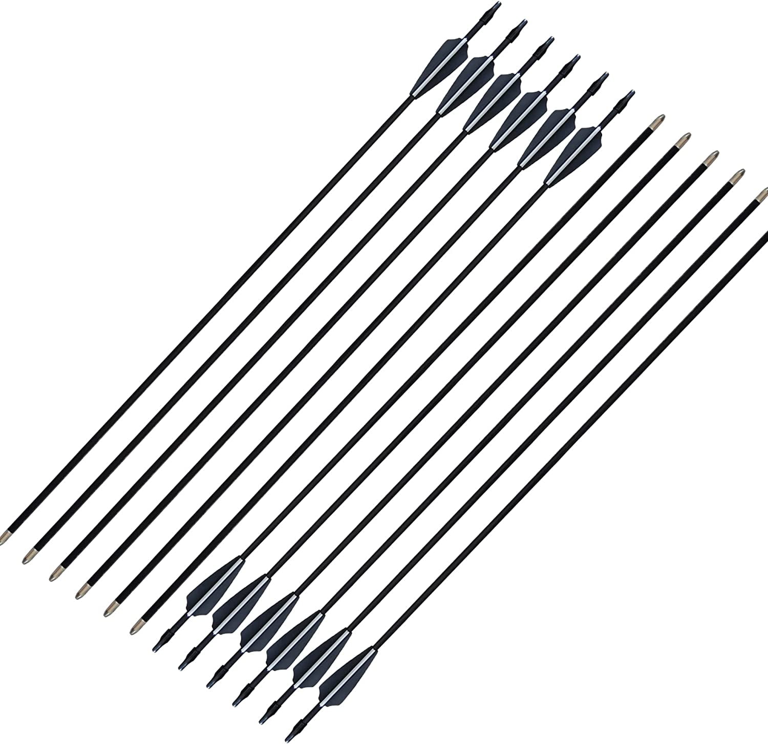 GPP 28" Fiberglass Archery Target Arrows - Practice Arrow or Youth Arrow for Recurve Bow- 12 Pack,Black & White Vanes
