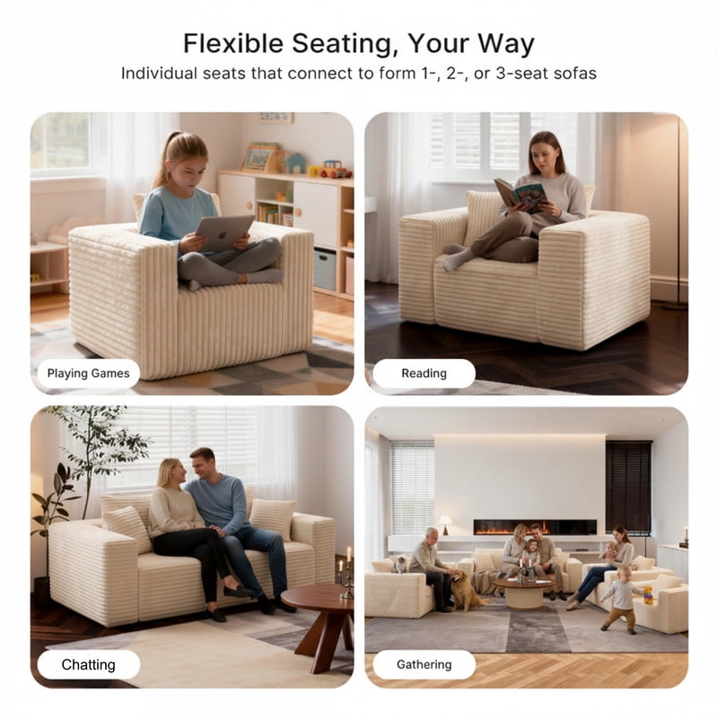 1Pcs Boneless Upholstered Sofa Chair, No Assembly Single Couch, Memory Foam Reading Armchair with Throw Pillow