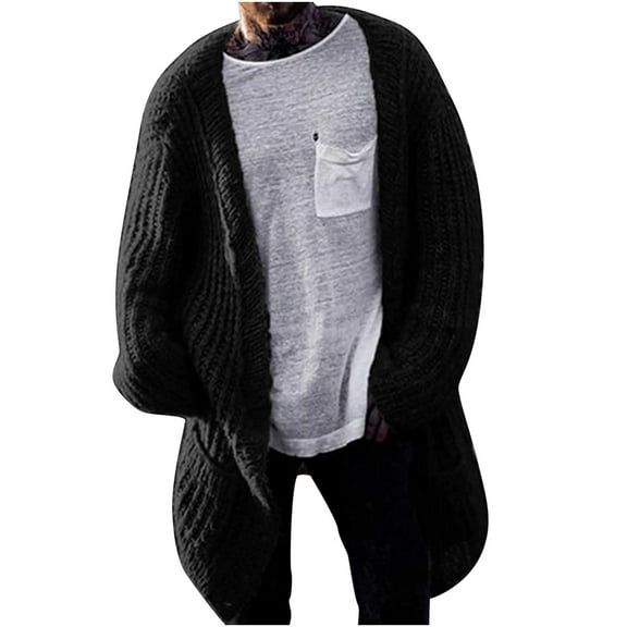 IYTR Men's Long Sleeve Solid Color Shawl Collar Open Front Chunky Knitted Long Cardigan Sweaters with Pockets Outwear Black XL