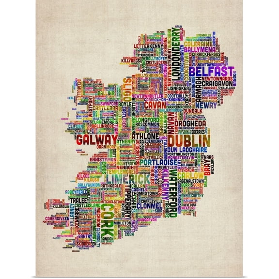 Great BIG Canvas | Rolled Michael Tompsett Poster Print entitled Irish Cities Text Map, Multicolor on Parchment