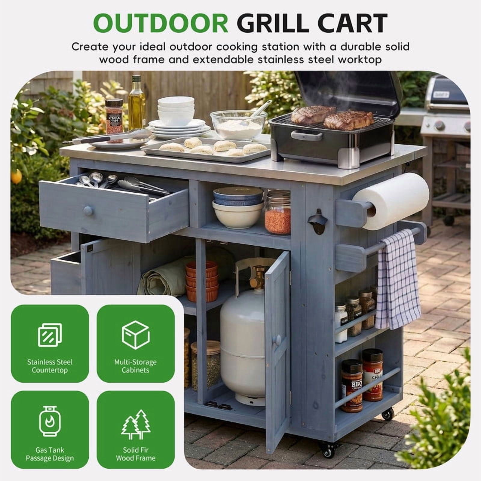 Outdoor Solid Wood Kitchen Island, Extendable Stainless Steel Top Grill Table with Drop Leaf, Storage Kitchen Cart