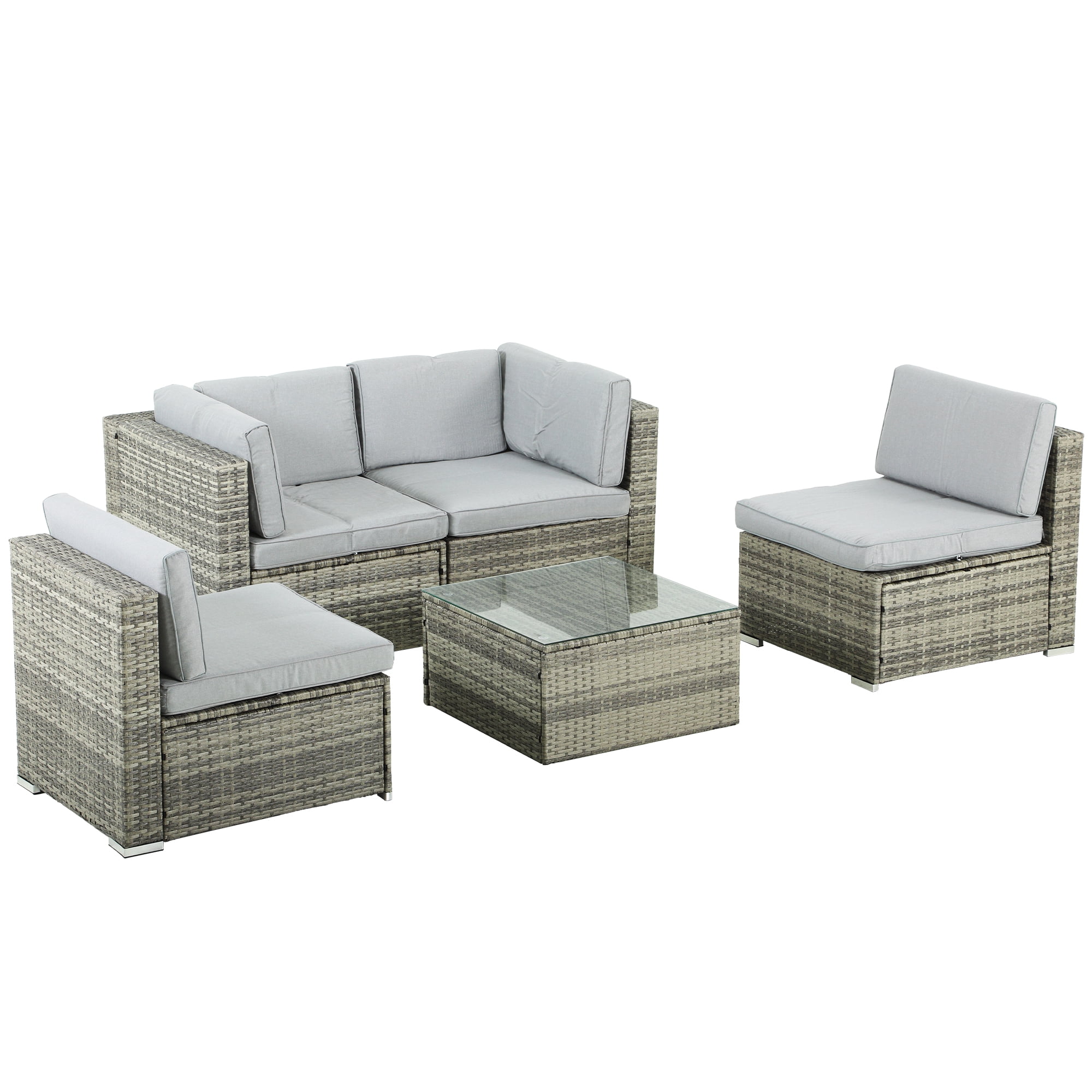 Dextrus 5 Piece Outdoor Patio Set, Wicker Sectional Sofas Rattan Conversation Set with Cushions, Pillows and Coffee Table