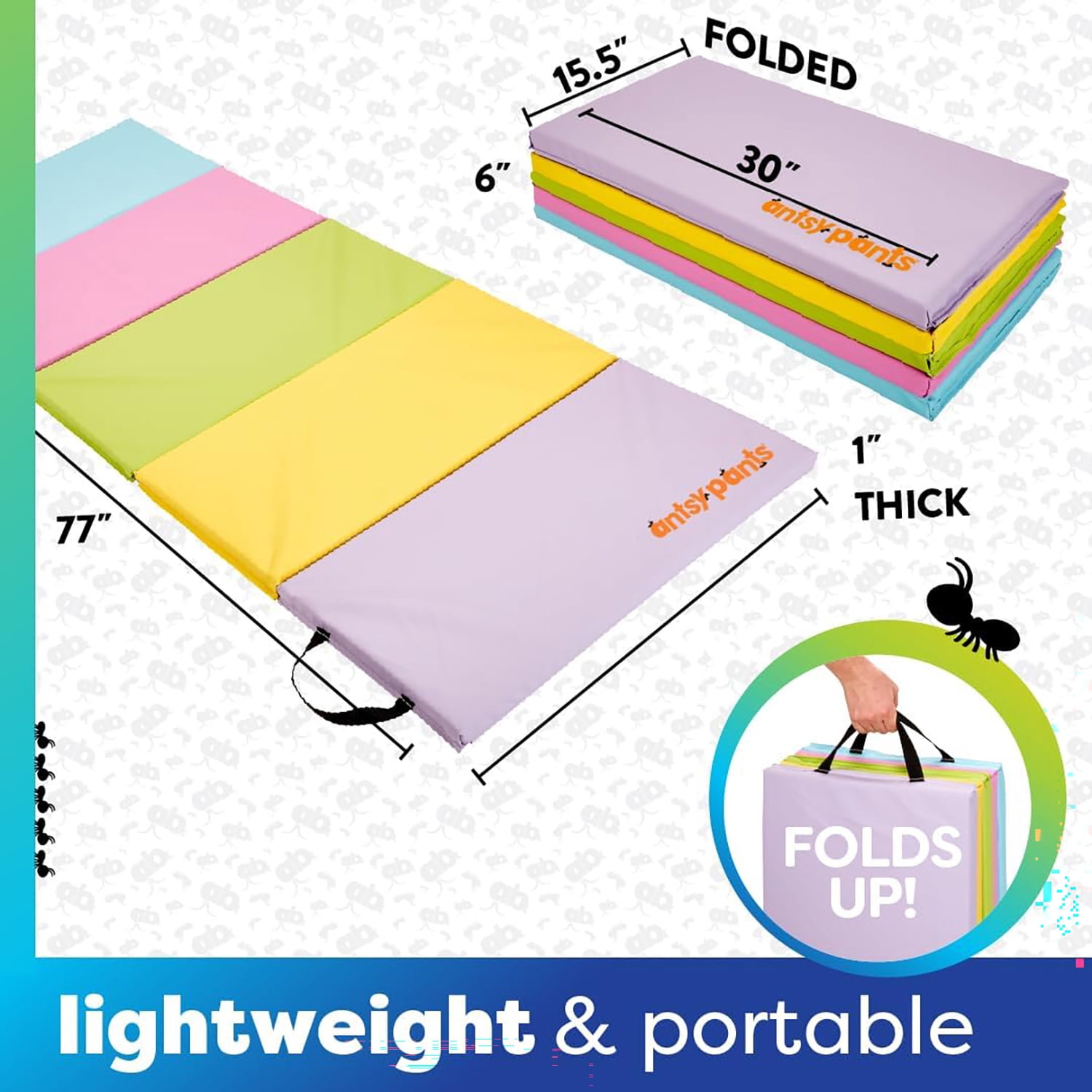 Antsy Pants Tumbling Mat – Gymnastics Mat, Easy to Clean, Sturdy, Foldable Tumbling Mat for Kids, Padded, Portable, Carrying Handle, Gymnastics Equipment for Activity Play, Pastel Colors