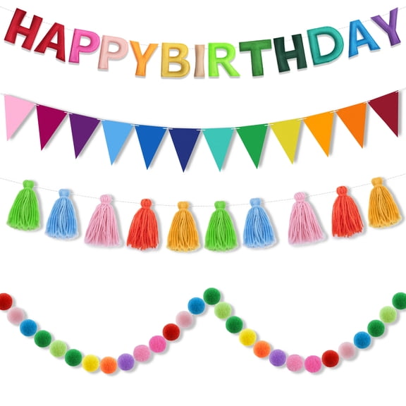 4PCS Pre-Strung Happy Birthday Banner - Felt Happy Birthday Garland, Ball Garland, Felt Pennant Flag, Colorful Thread Tassel Rainbow Party Decorations for Women Men Kids