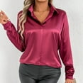 thumbnail image 2 of Womens Summer Tops, Womens Shirts, Stylish Women's V Neck Satin Blouse Long Sleeve Casual Shirt for Everyday Spring Fall Elegant Basic Outfit, 2 of 9