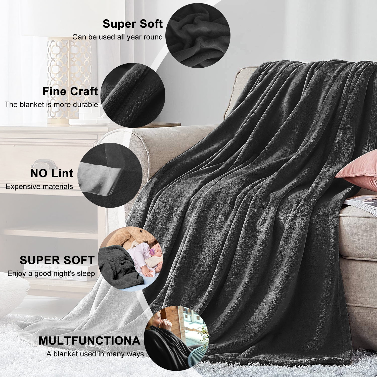 Astarin Throw Blanket, Queen Size Black Blankets & Throws for Couch/Beds, Fuzzy and Cozy Blanket, 90x90 inches